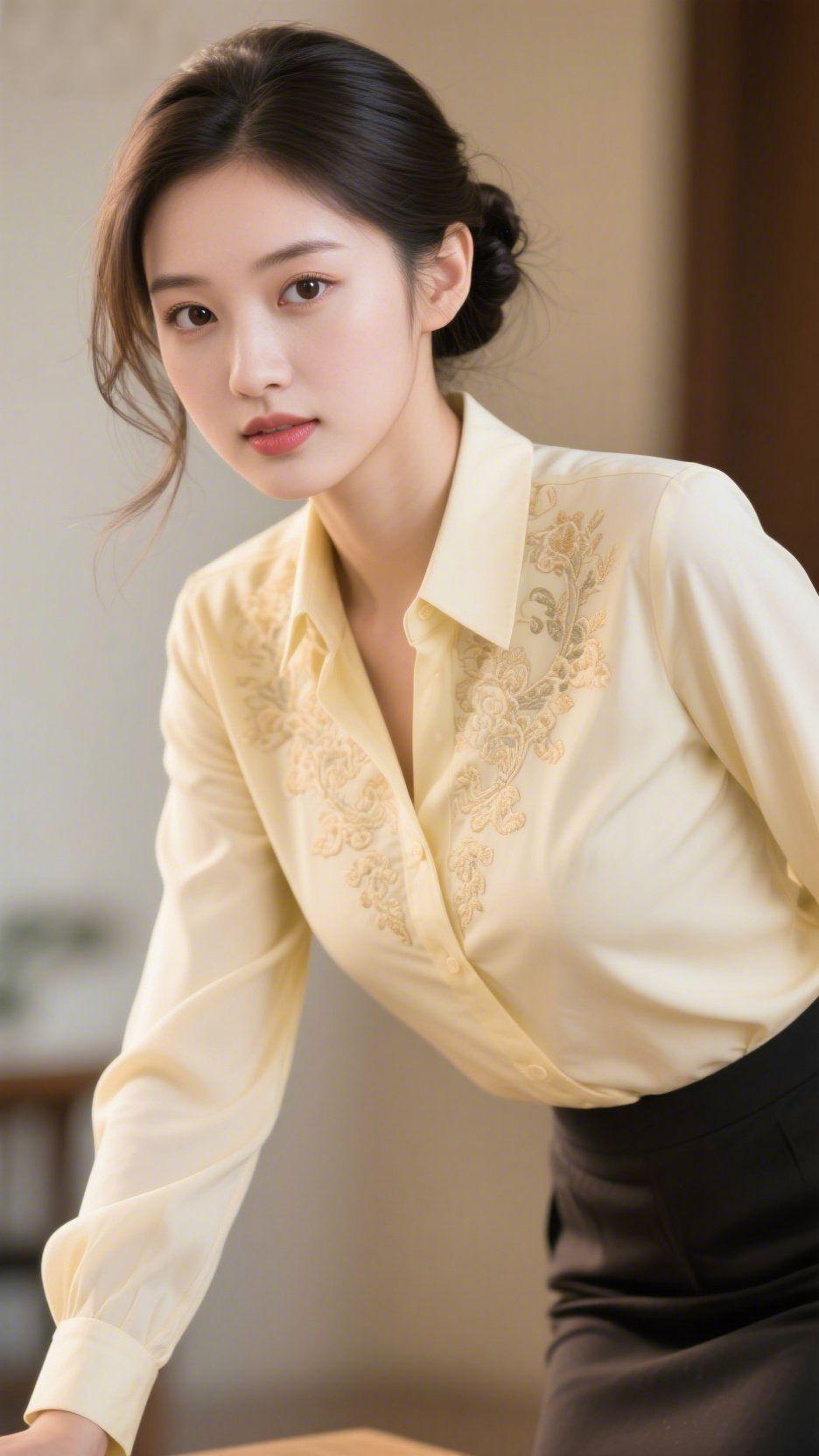 温柔自成风骨浅杏色衬衫缀着清雅纹样，如晨光轻覆肩头，温润又妥帖。发丝轻绾，