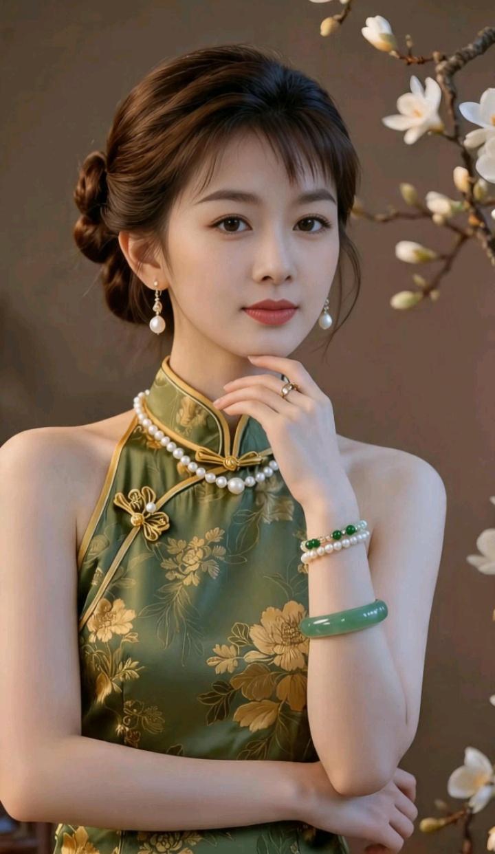 这位美女穿着绿色旗袍，手拿珍珠，优雅动人。中年女人最大的魅力是什么?减龄中式旗
