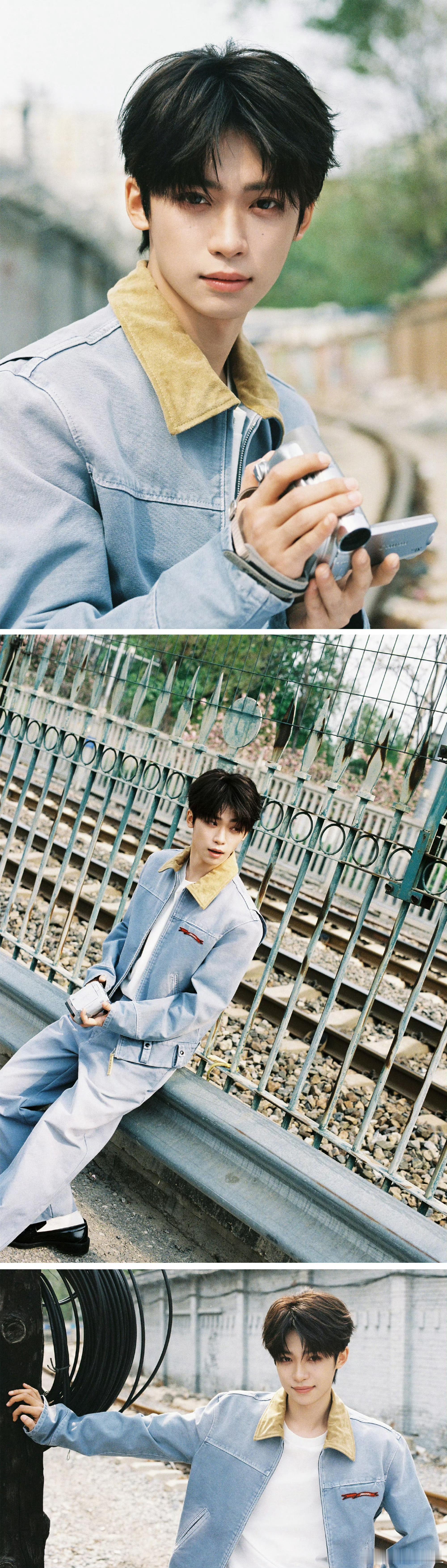 梓渝最新营业用胶片抓住春天的尾巴浅蓝牛仔外套搭配暖黄翻领，复古又清新谁看了不说一