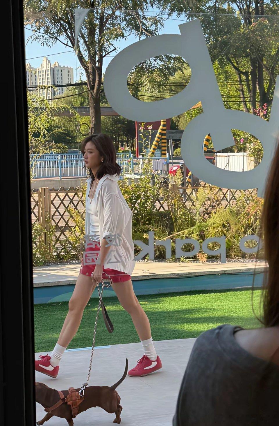 孙千现身北京的一个公园遛狗，这姑娘又美又飒，生图也这么漂亮啊！一头短发披肩的她，穿着一件白色衬衫内搭