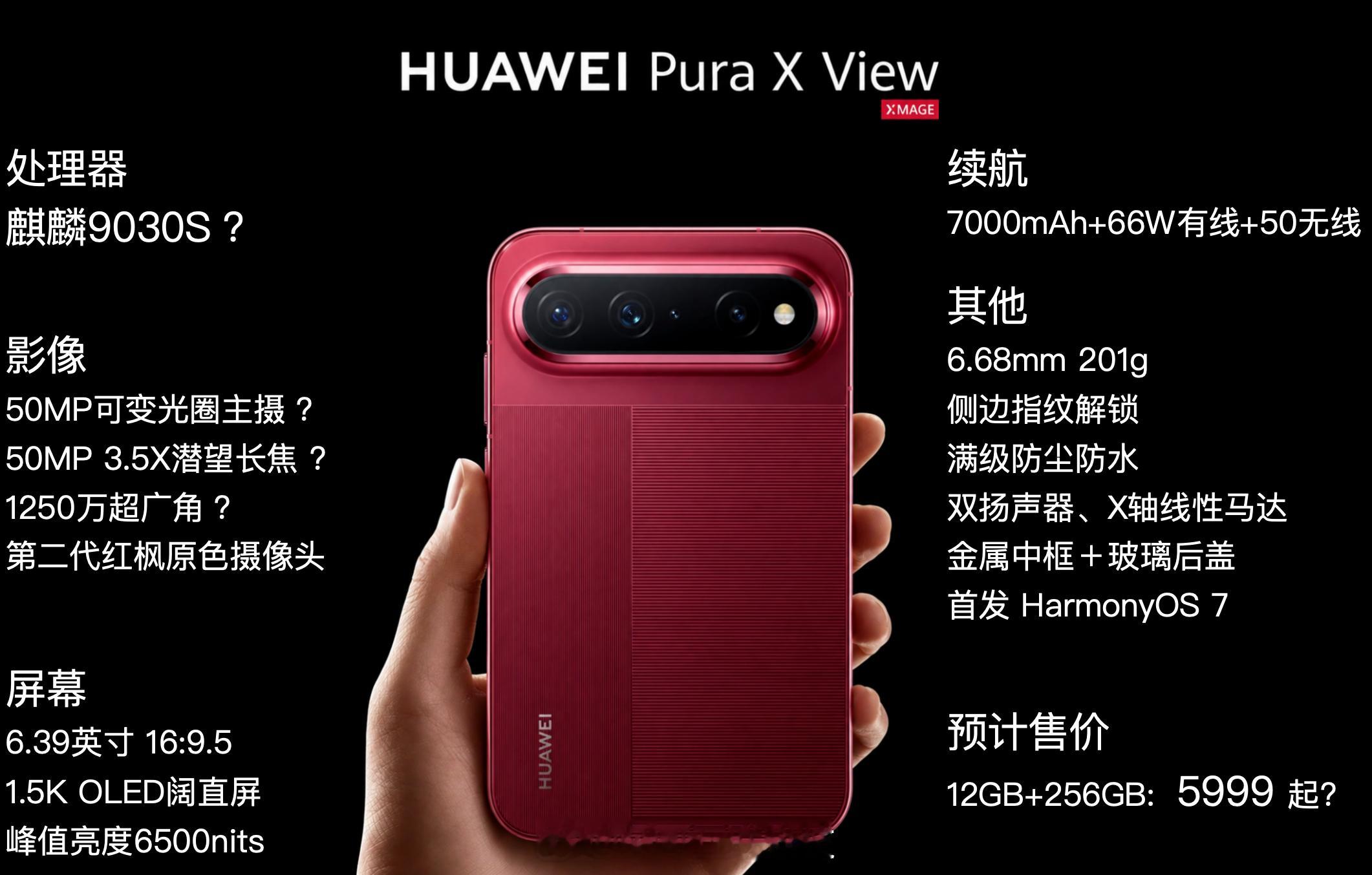 华为PuraXView最新配置爆料整体配置介于PuraX、PuraXM