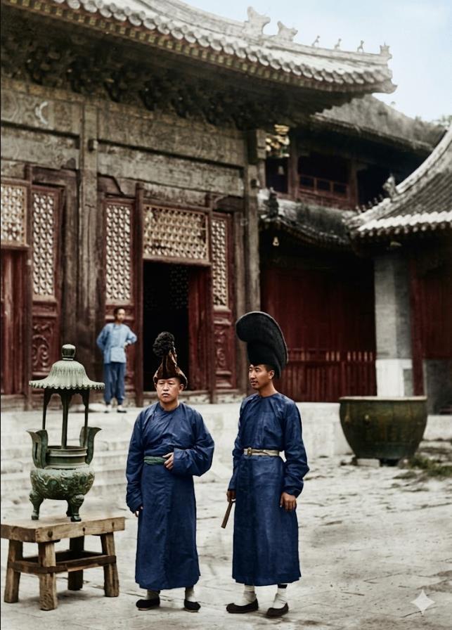 前面的这两人是清末北京皇家寺院中的藏传佛教喇嘛旧照。两人身着标准喇嘛僧袍，头戴