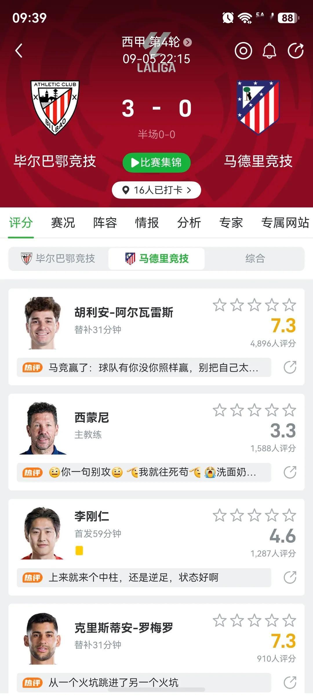 今夏最惨豪门是马竞，这样下去要在西甲保级。阿尔瓦雷斯替补出场33分钟，这也就