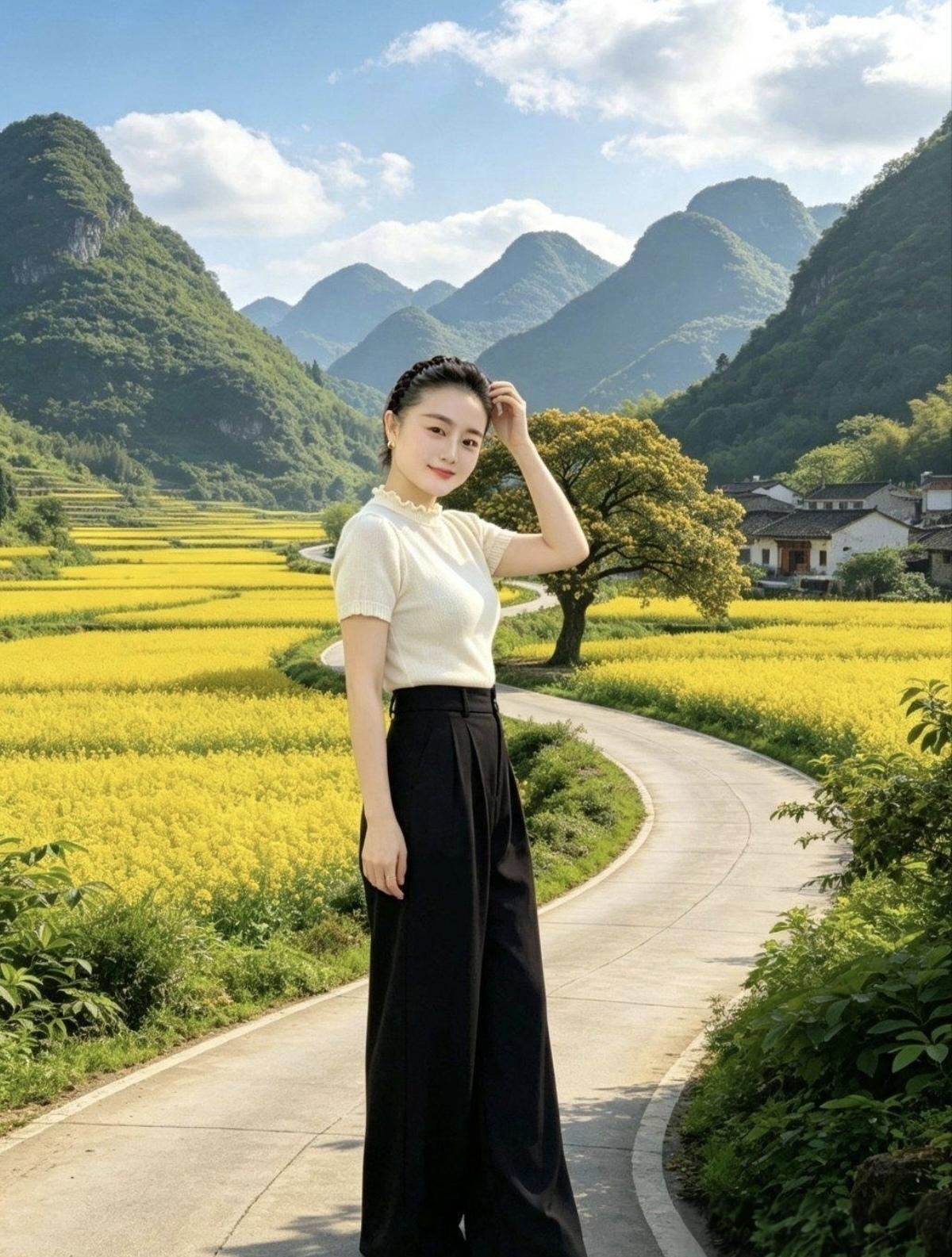 蓝天白云映照下，青山遍野油菜花。水泥小路虽弯曲，…………………………请你