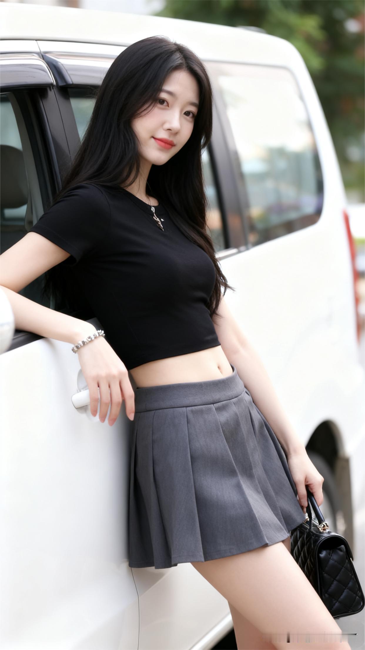 黑色上衣配灰色短裙的甜美少女风穿搭,简直清新自然到爆!黑色小衫修身剪裁,勾勒出