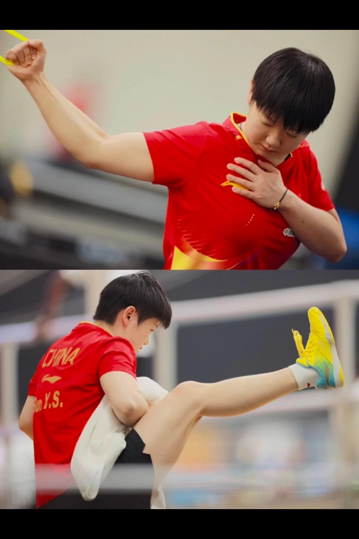 孙颖莎脖子上戴玉，手上戴红绳配黄金！孙颖莎红色的比赛服，身上的力量感画面太强大