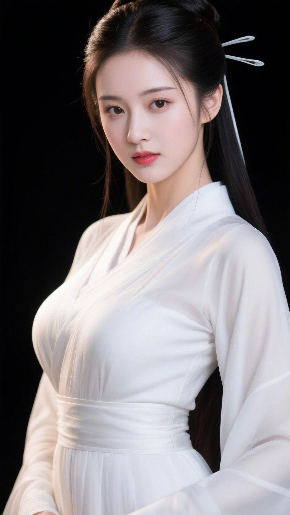 素衣清颜立芳华墨色背景里，一袭素白汉服泛起温润光泽，宽袖垂落，素带束身，将