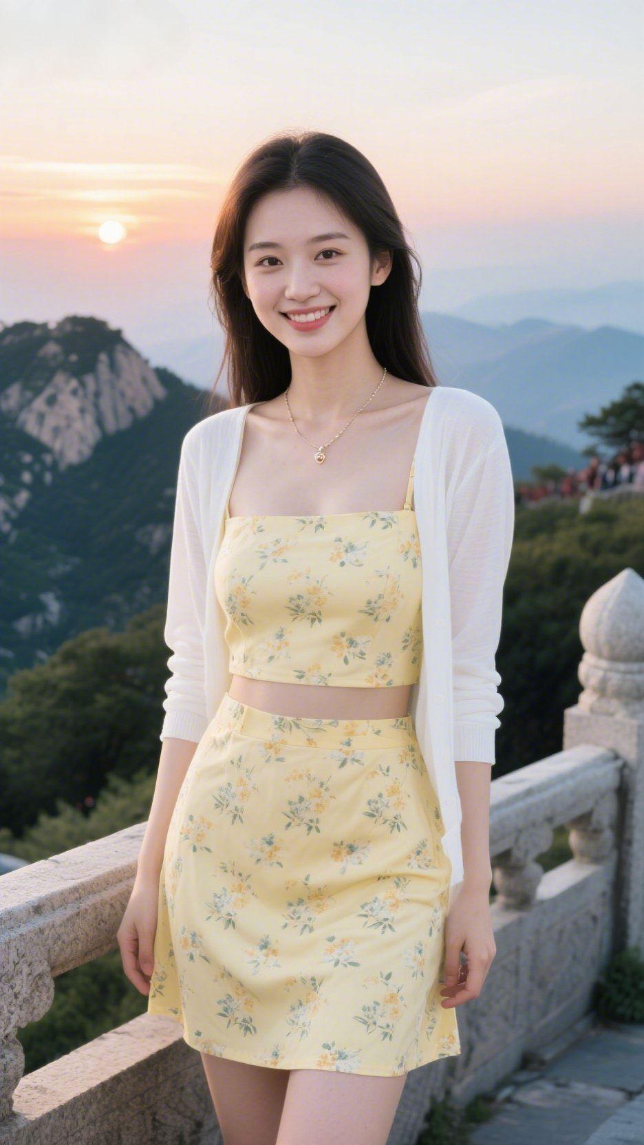 《山巅晚光里的柔》日落将山尖晕成暖橙时，她立在石栏旁，像裹了一捧轻软的晚光