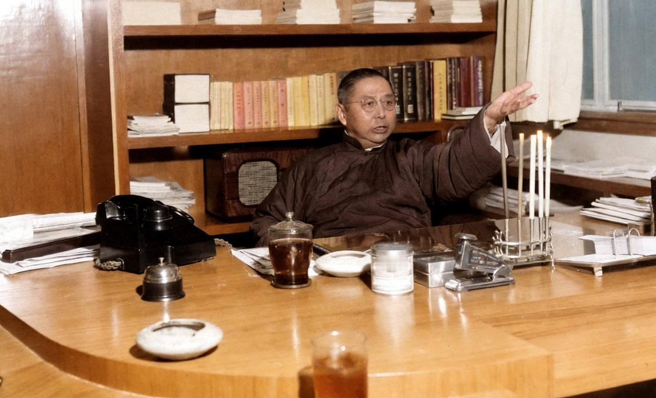 这是民国时期孙科坐在办公室里与客人聊天，没什么特别隆重的场面，就像寻常职场人谈事