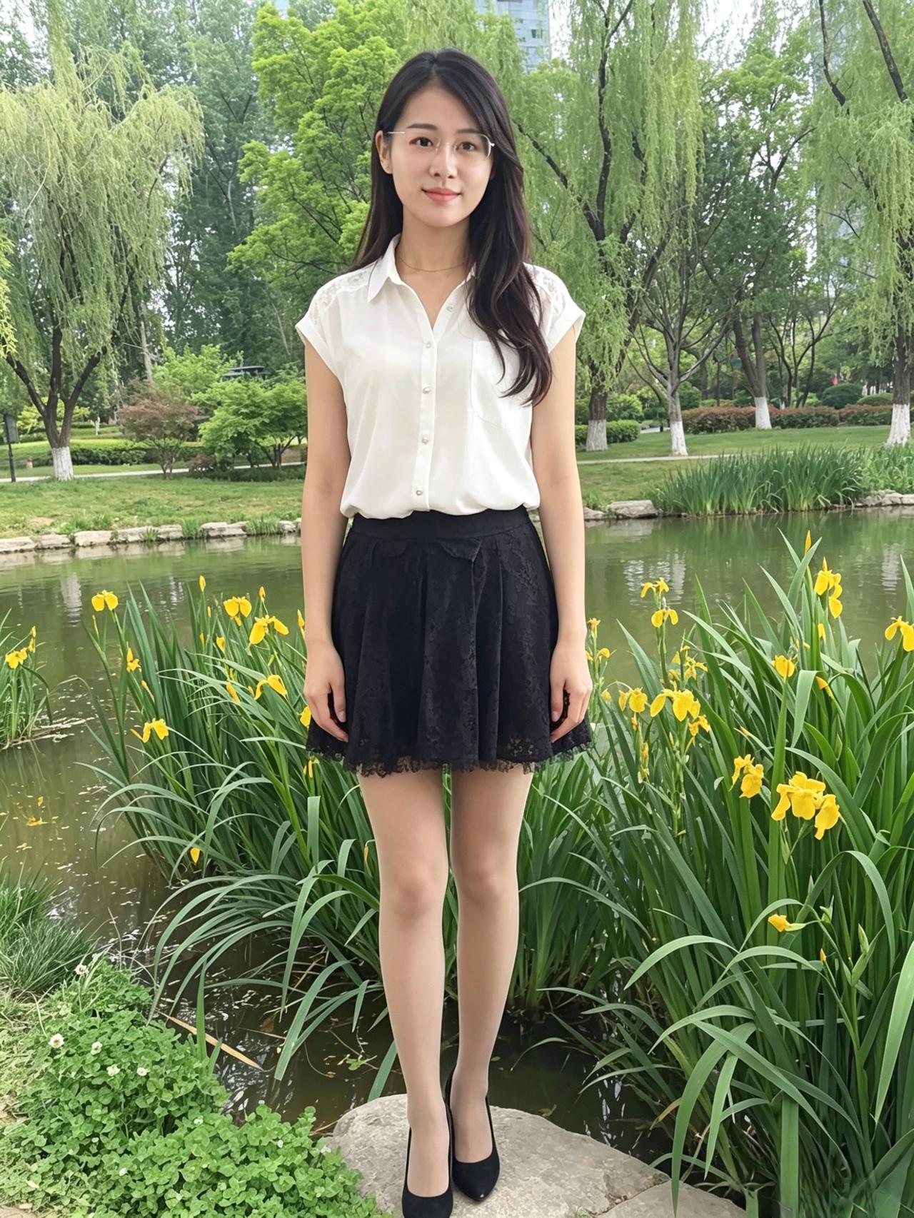 柳丝垂岸水含烟，浅草幽花映碧涟。独立石边人似玉，清辉漫染小窗前。
