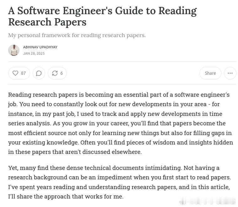 【针对软件工程师阅读研究论文的系统方法论，强调通过多次阅读和深入研究背景知识来提