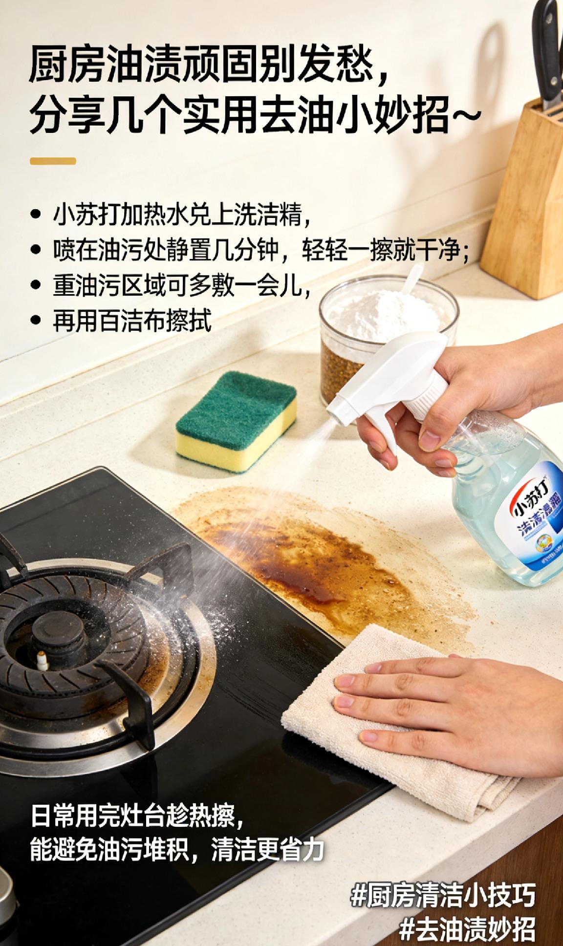 厨房油渍顽固别发愁，分享几个实用去油小妙招～小苏打加热水兑上洗洁精，喷在油污处静