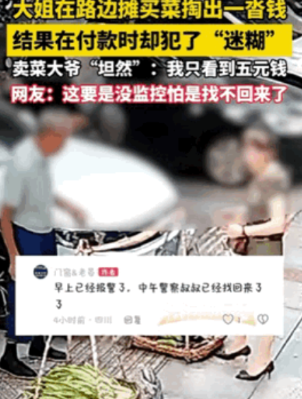 这大爷绝对是老江湖了！近日，四川一女子去路边摊买菜，掏出一沓钱付了5块，没想到再