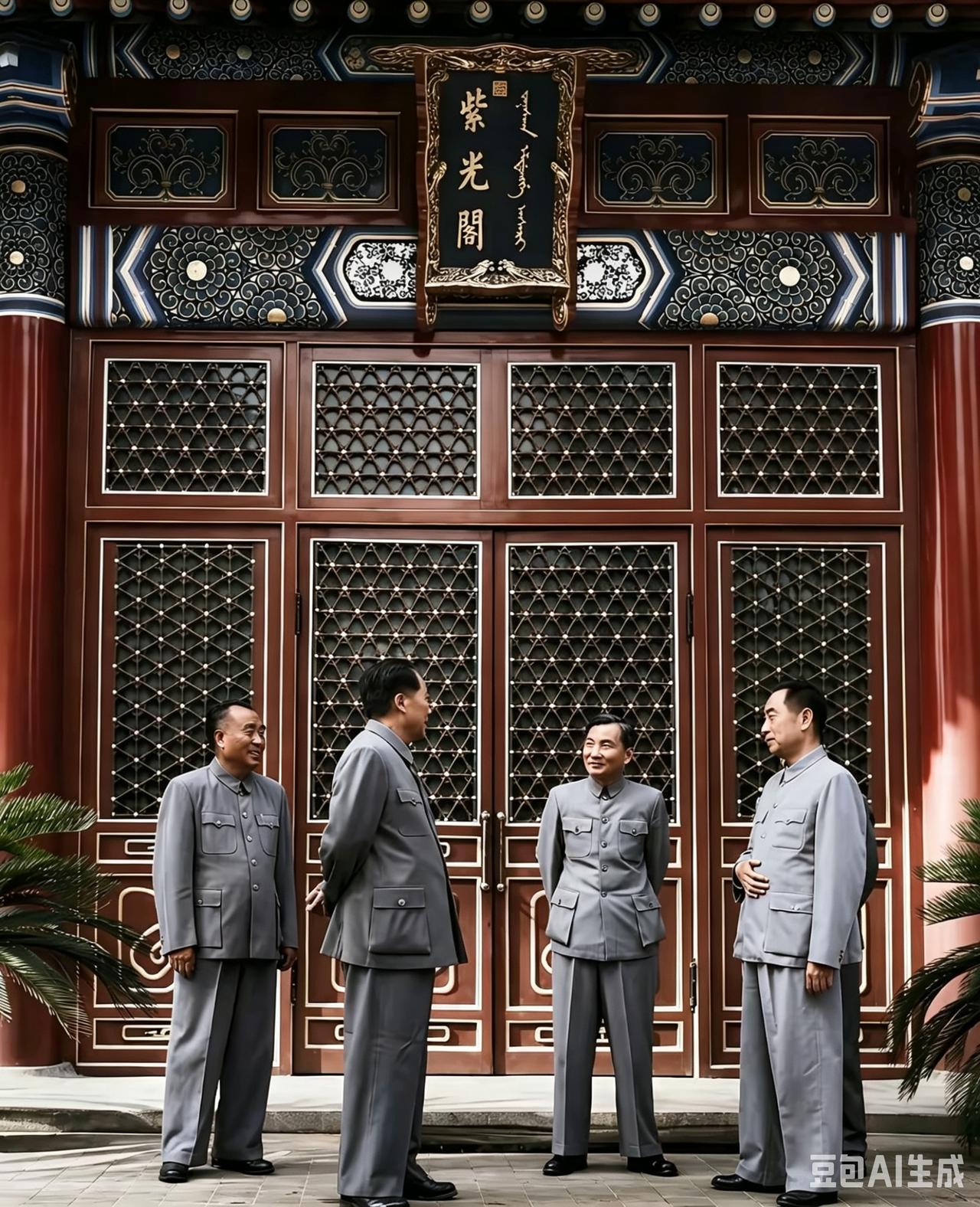 紫光阁前的珍贵留影这是一张经过色彩修复的经典历史照片，拍摄地点为中南海紫光