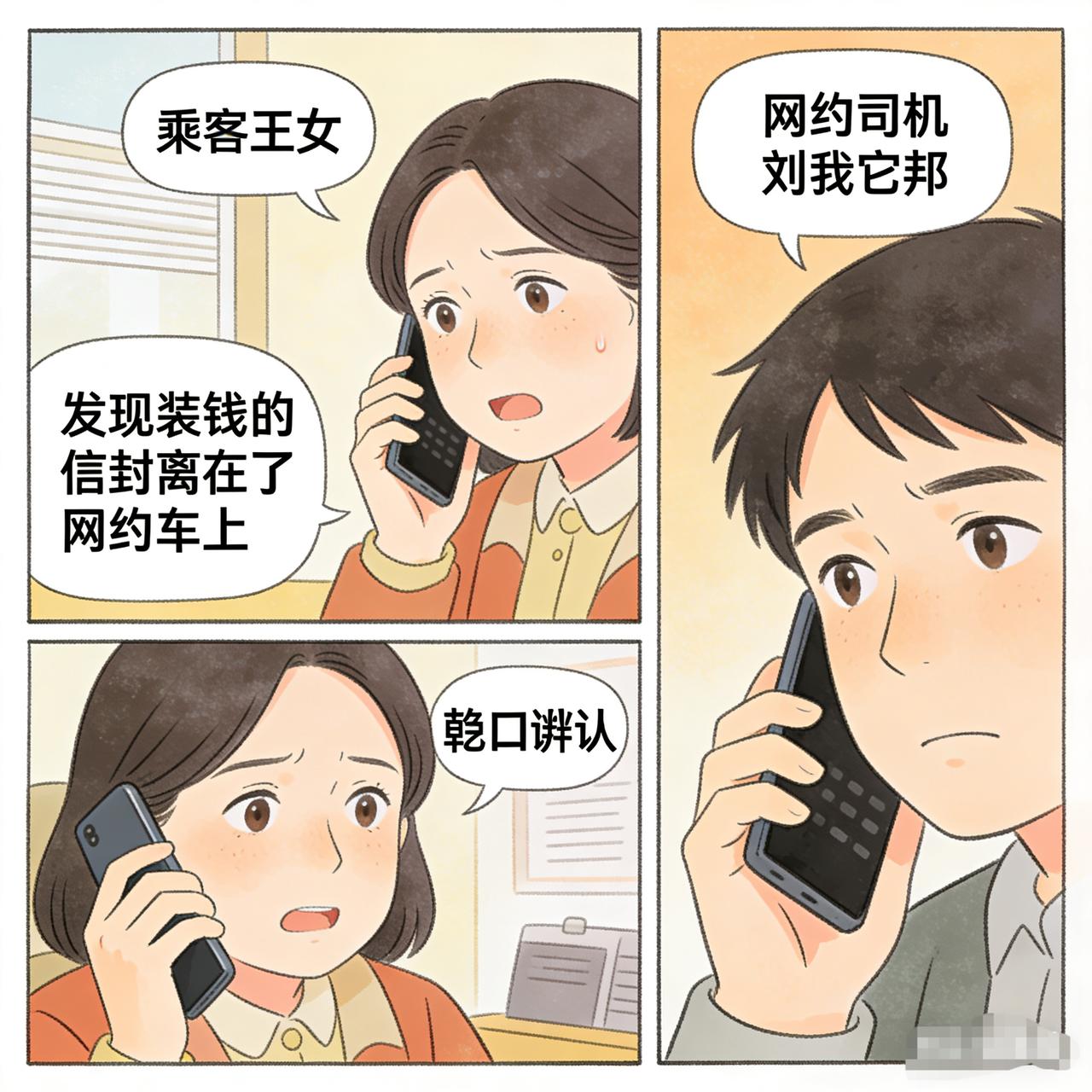 济南女子刘某某打网约车，上车后发现后座有一信封，里面装有百元大钞，窃喜不已：“今