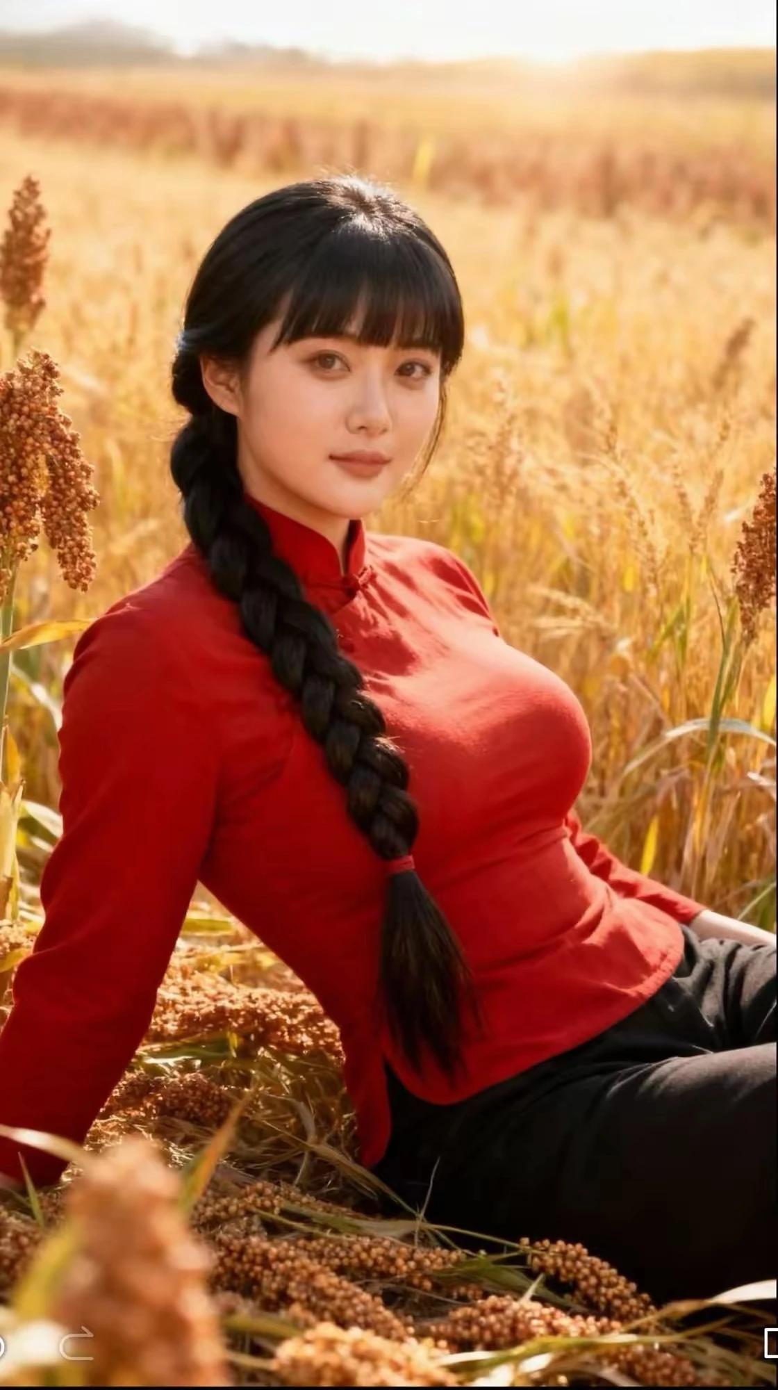 春种秋收，硕果累累。高粱红了，姑娘乐了。一袭红衣，一条大辫。眉若青山，眸似