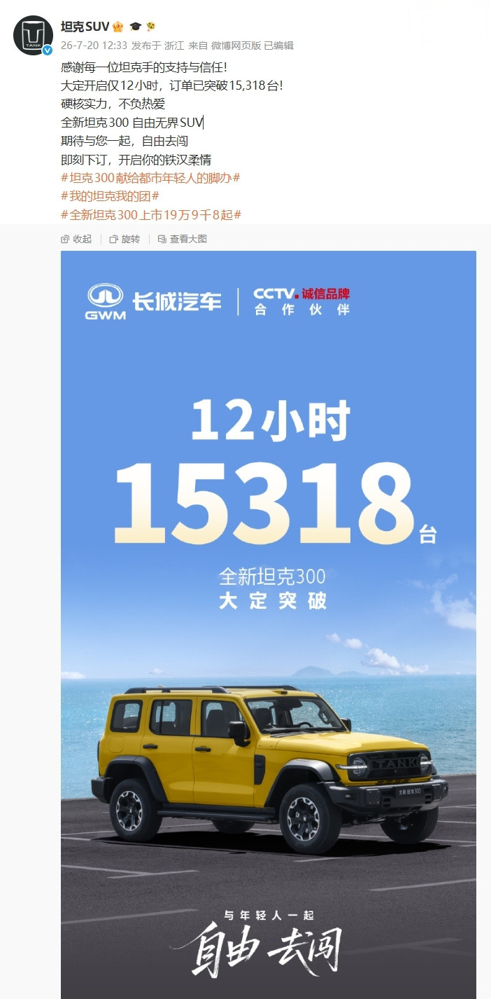 【长城全新坦克 300 汽车大定开启 12 小时订单突破 1.5 万台...