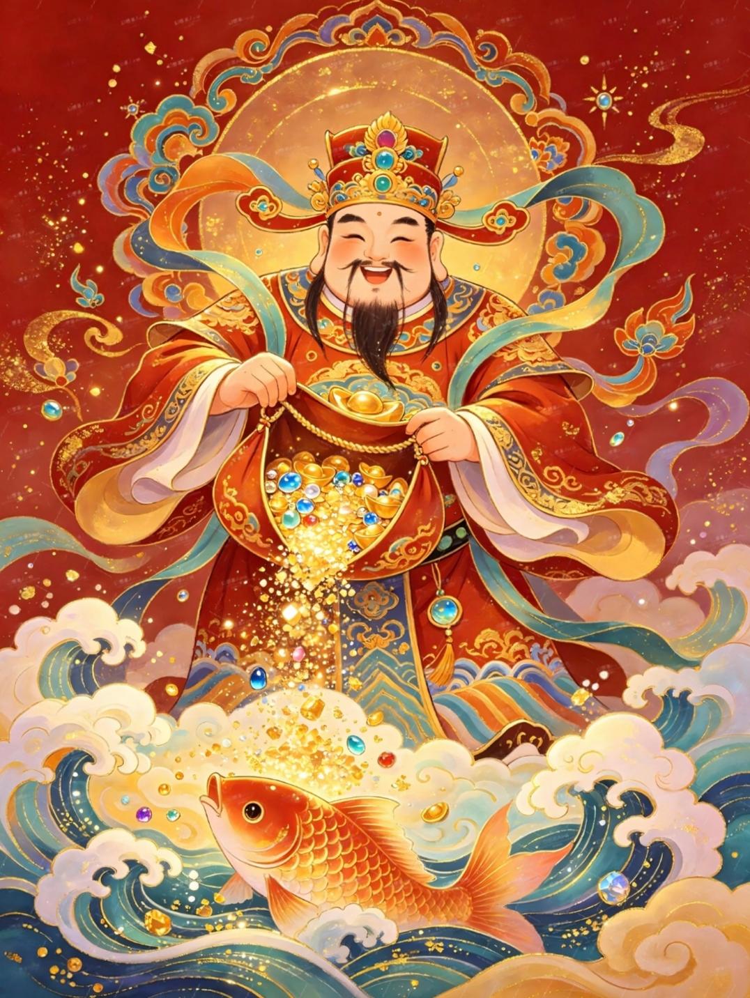 ​财神赐福瑞，吉物盈门庭，福禄皆圆满，好运永相随。传统文化传递正能量绘画
