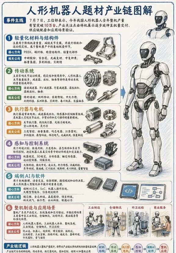 人形机器人产业链梳理7月7日，工信部表示，今年我国人形机器人全年整机产量有望突