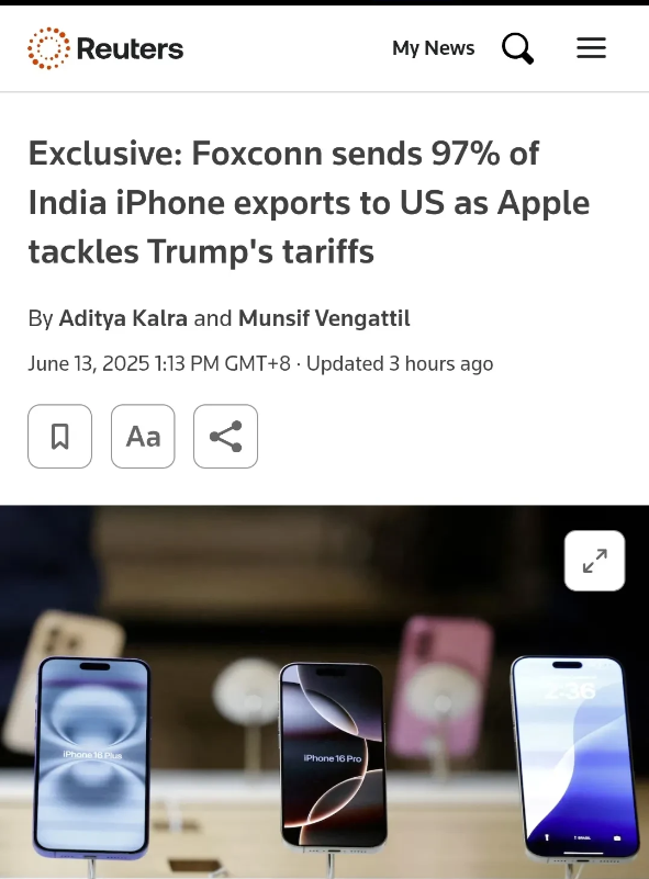 路透社：富士康将印度97%的iPhone出口到美国，苹果加速规避美国关税