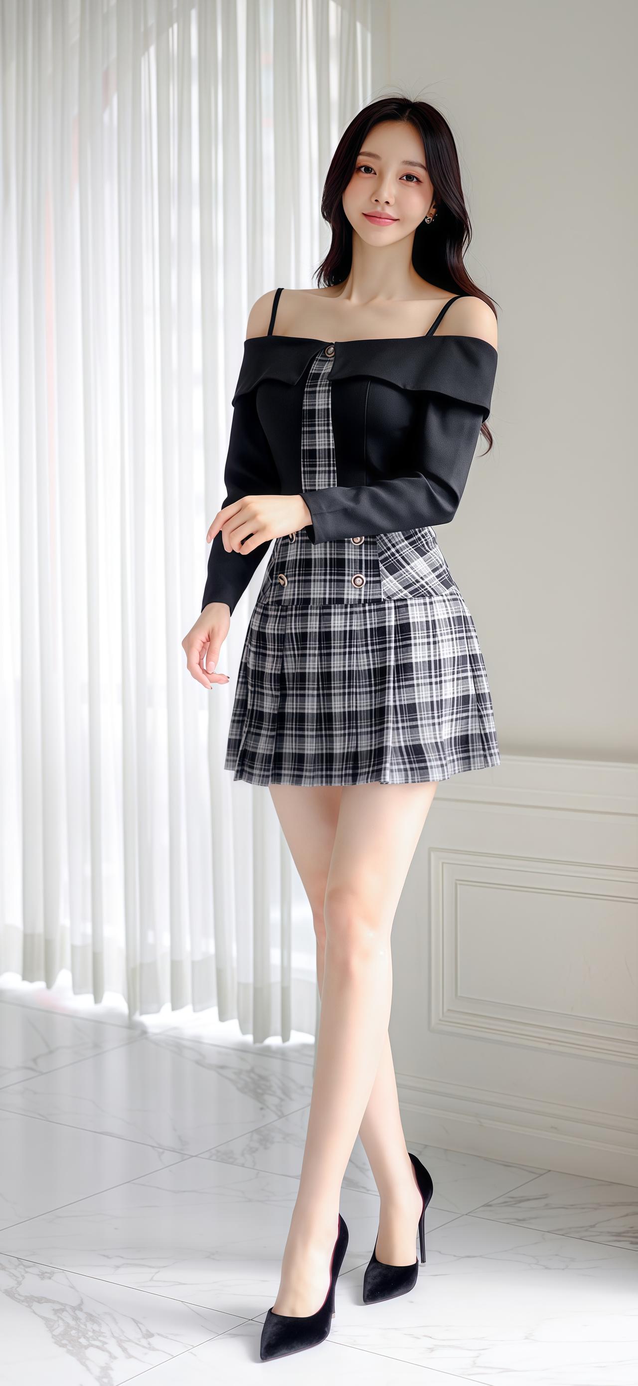 黑衣美人倚窗立，风姿绰约似画中。