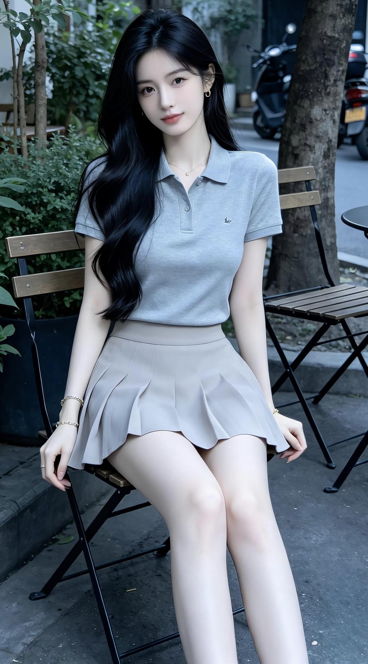 这姑娘坐在户外长椅上，真漂亮！穿着极为清晰，与蓝天白云相得益彰。