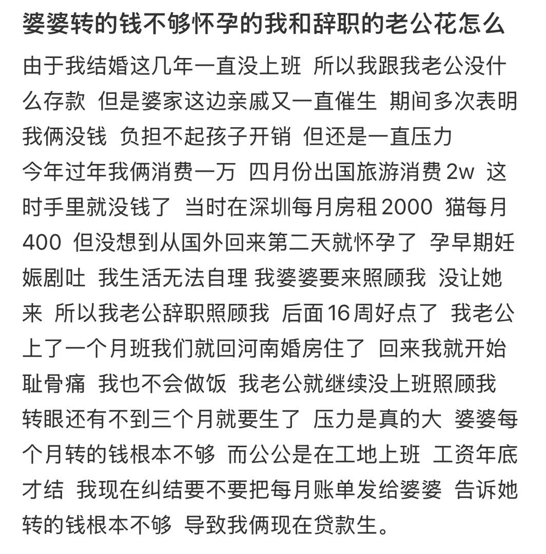 婆婆转的钱不够怀孕的我和辞职的老公花怎么办​