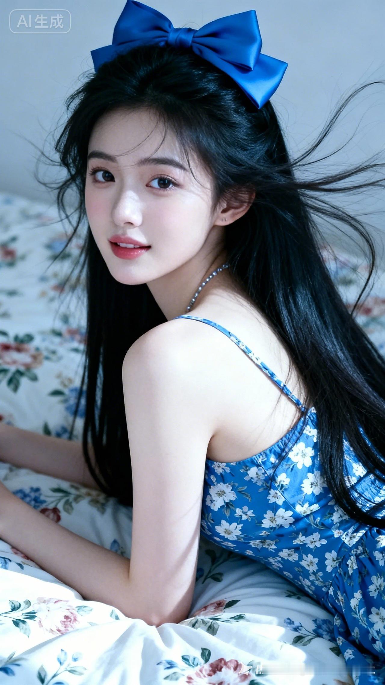 19岁江南美女，冷白皮瓷肌透亮，黑长直蓬松垂肩微乱，蓝大蝴蝶结配蓝碎花吊带裙，S