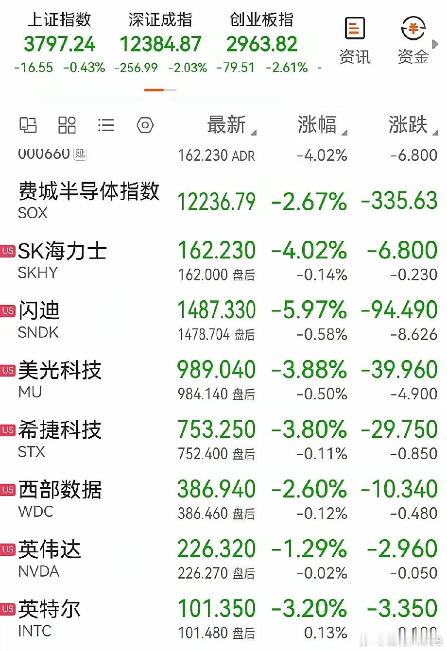 美股的AI硬件股，芯片存储，半导体板块又是绿油油的一片。费城半导体大跌2.67%，台积电跌1.98%