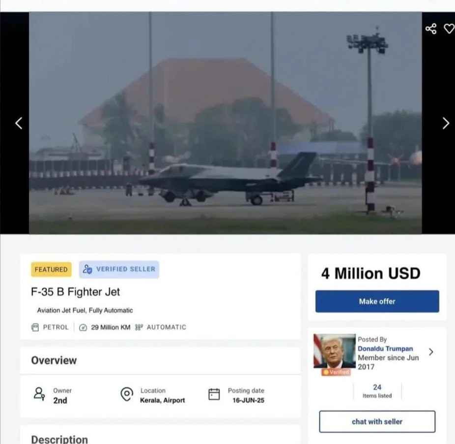 F35战斗机被挂到了二手网站上，标价400万美元。这是有人在恶搞。英国一架F35