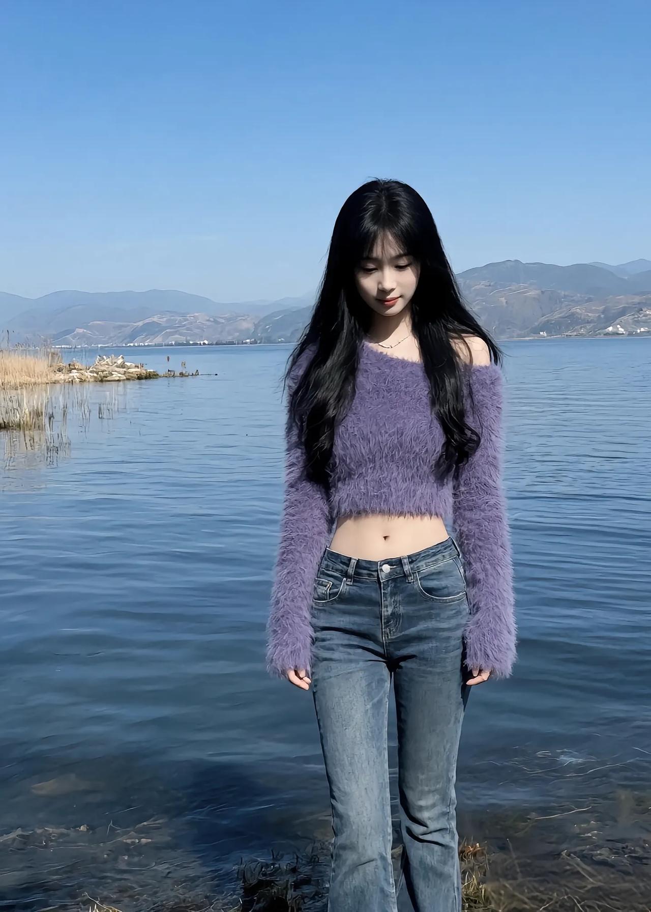 湖畔美人影，紫衣映碧波。