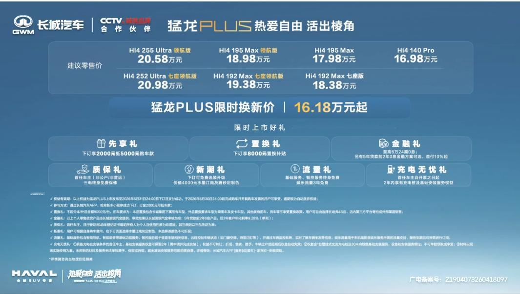 6.98-20.98万的哈弗猛龙PLUS上市了全系带Hi4混动，四驱五座版16.