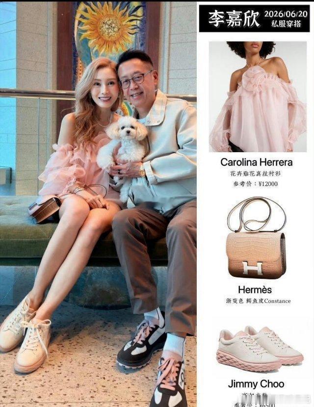 李嘉欣56岁生日，穿1万2粉色纱裙，沙发上随手搁着80万爱马仕鳄鱼皮包。染一头金发，状态嫩回少女。​