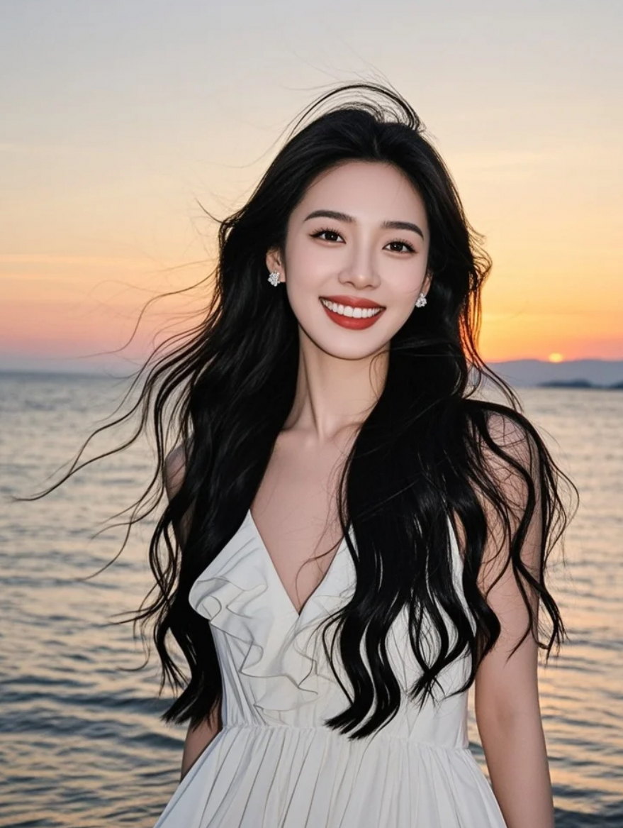沙滩上，她的影子被夕阳无限拉长