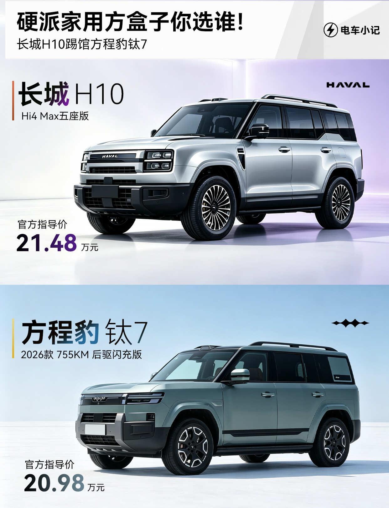 长城H10踢馆方程豹钛7，你站谁？方盒子SUV曾经是小众硬派玩家的标签，但方程
