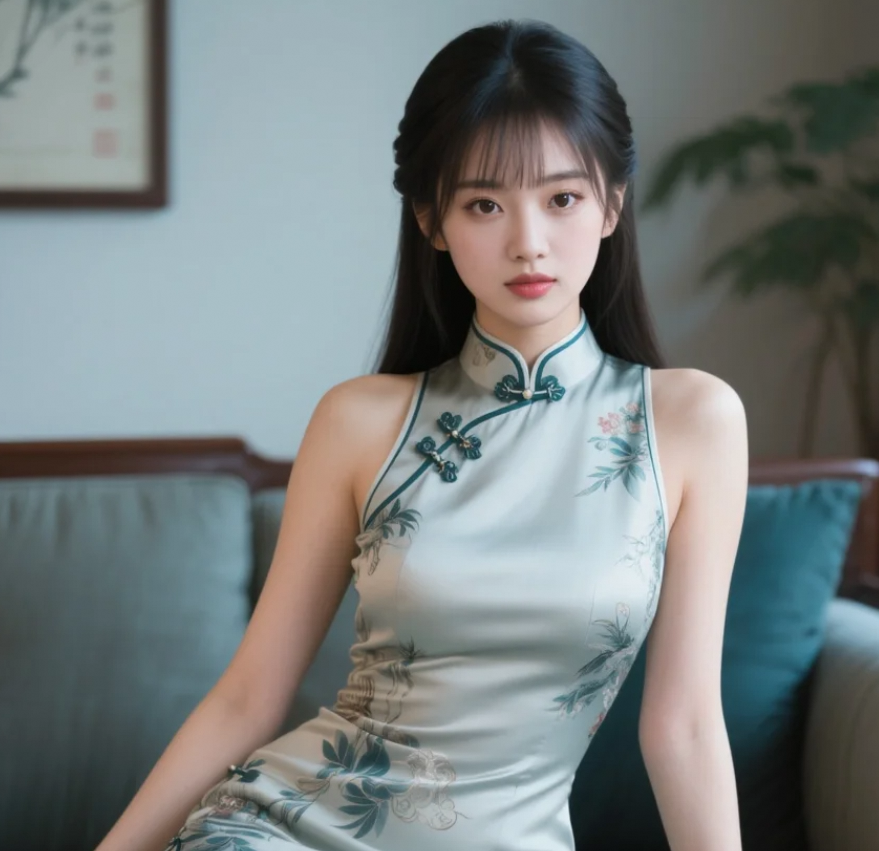 在这江南水乡，她和旗袍一同演绎了一曲动人的诗篇。