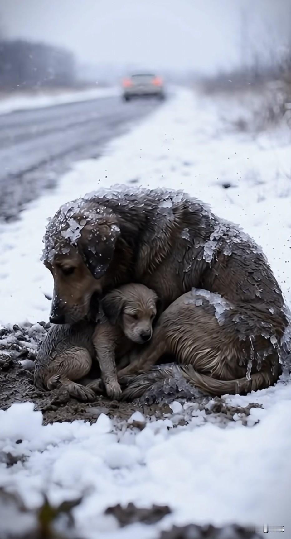 泪目了！一只可怜的流浪狗妈妈带着孩子四处流浪，这天天上下起了暴风雪，它们来到了一