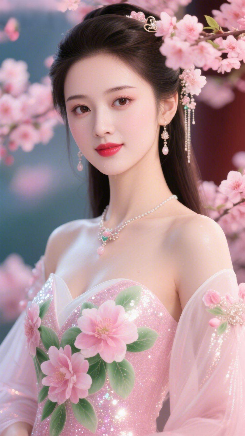 粉裳映桃绘春景一袭粉纱礼裙似将春日桃花揉作衣袂，裙身闪片如晨露凝在花瓣，手