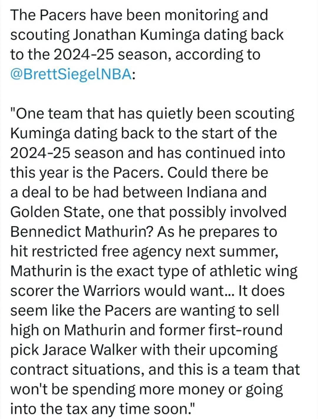 BrettSiegel：步行者一直在低调关注和考察库明加。该记者报道，勇士队