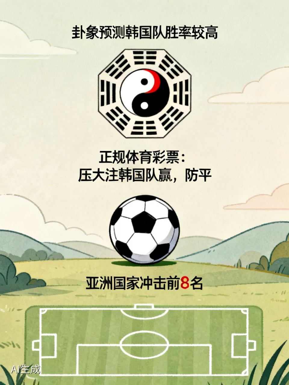 按照卦象预测韩国队的胜率还是比较高的，买正规体育彩票的时候肯定是压大注韩国队赢，