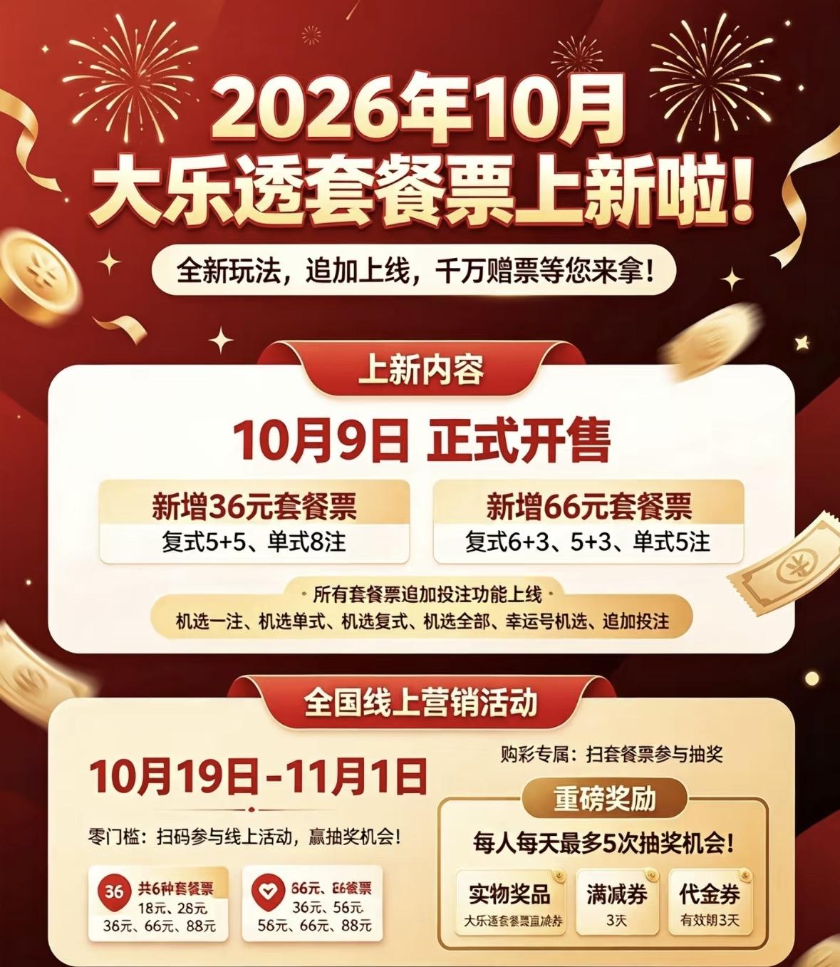 大乐透套餐票上新！10月9日开售，套餐票追加功能来了。大乐透套餐票迎来全新升