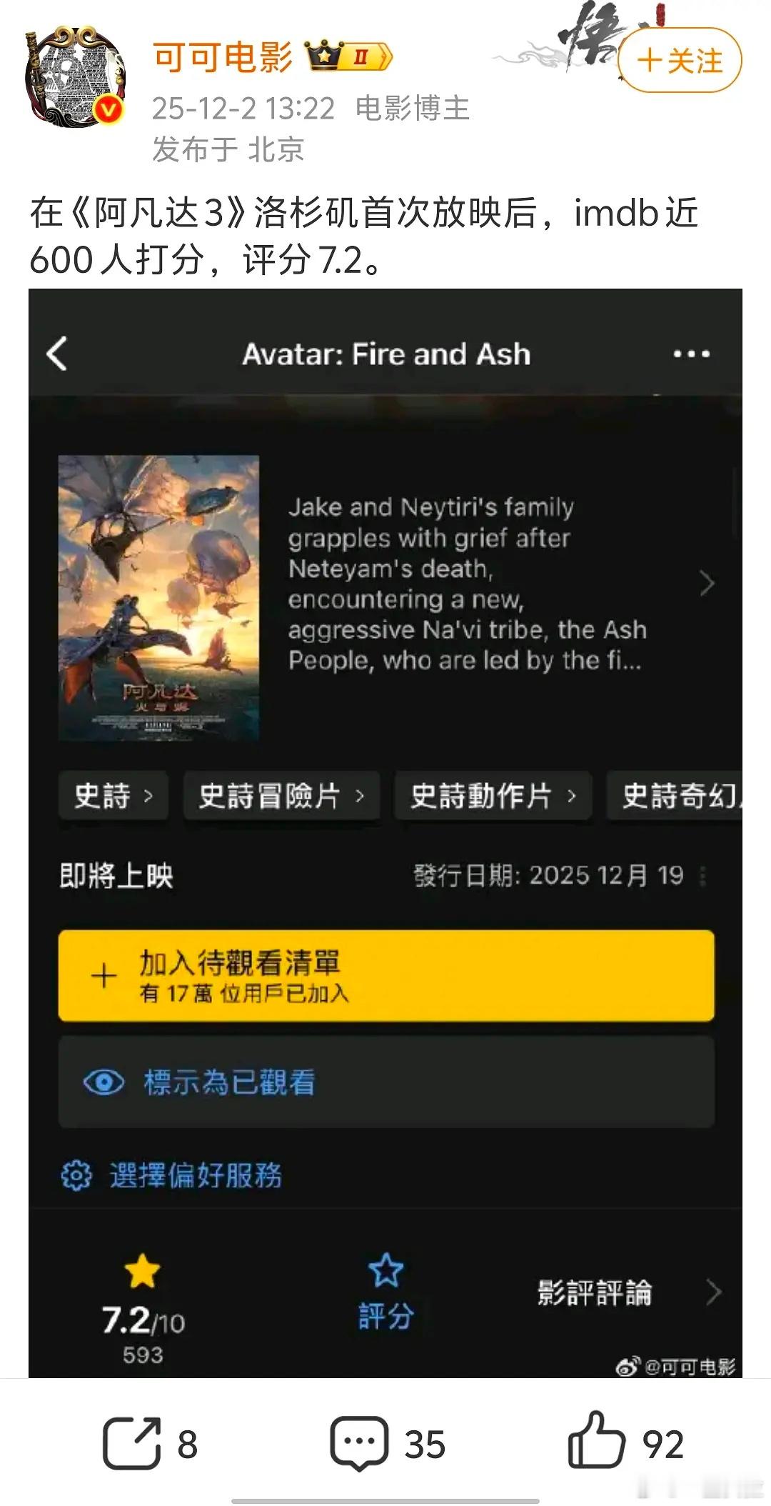 阿凡达3不妙了一部比一部难看还展望全球年冠呢