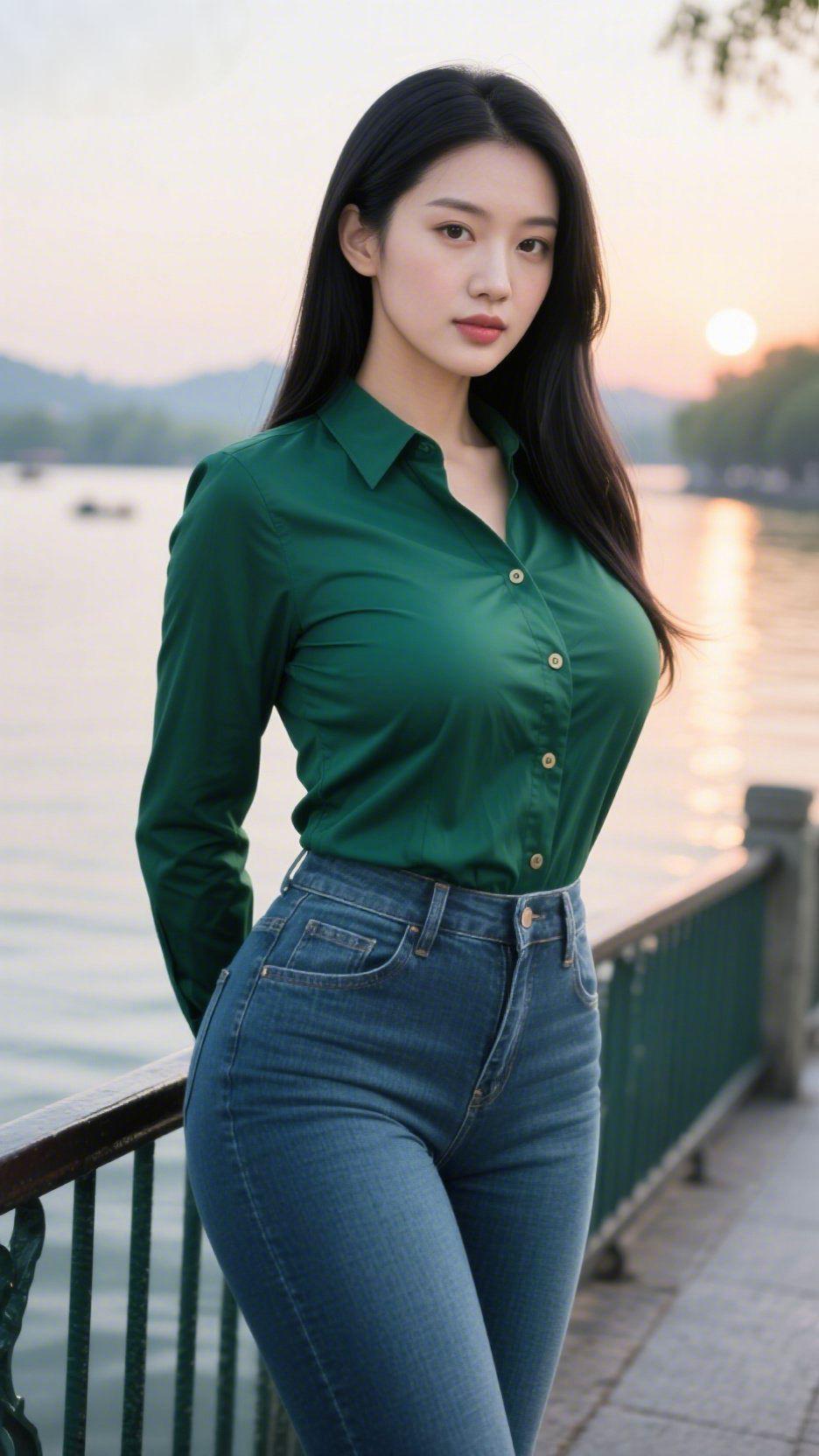 墨绿衫裹暮湖柔落日浸湖波成暖金，她身上的墨绿衬衫似裁了岸柳的色——缎面润光