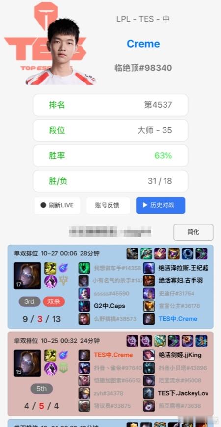 不练沙皇改练发条了?Creme近日排位连续选用发条根据排位统计小程序显示,TES