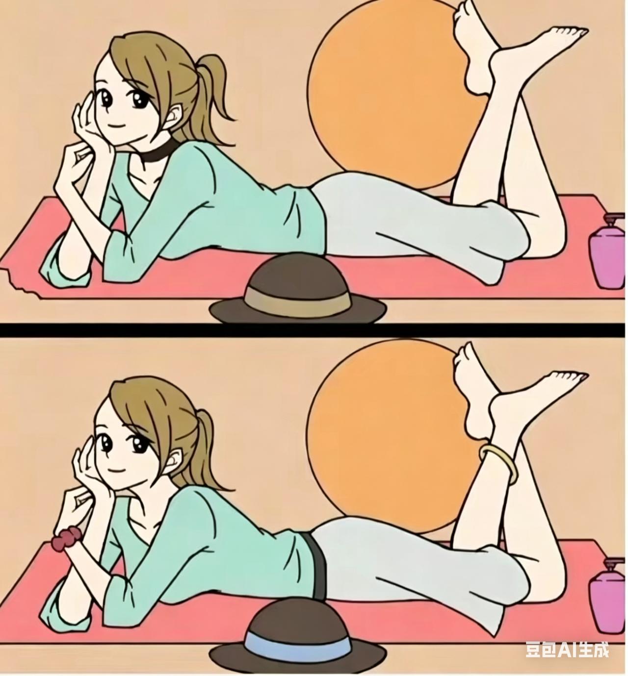 考验眼力，来找不同之处两位美女姐姐手托下巴，匍匐在地上的姿态十分潇洒，不过你能