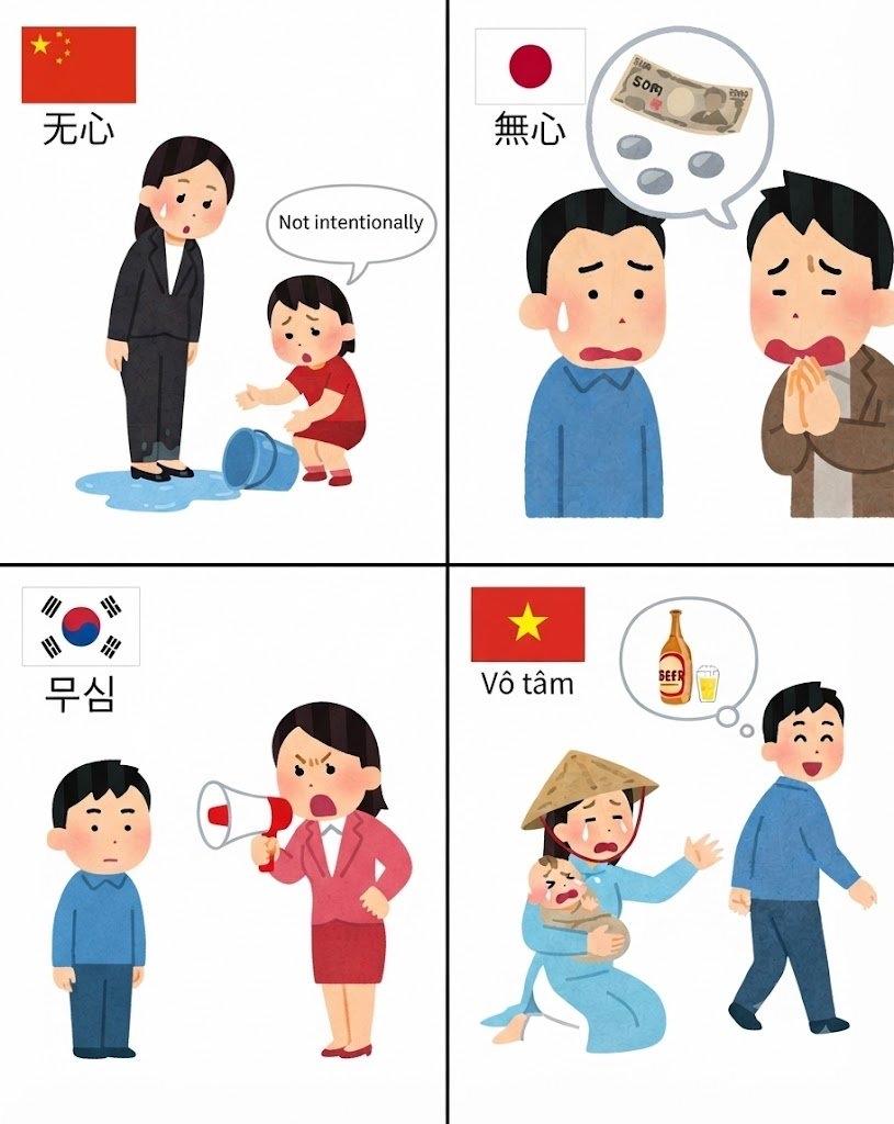 中日韩越共用千年的汉字「无心」，起源完全一致，如今含义却天差地别，追根溯源，