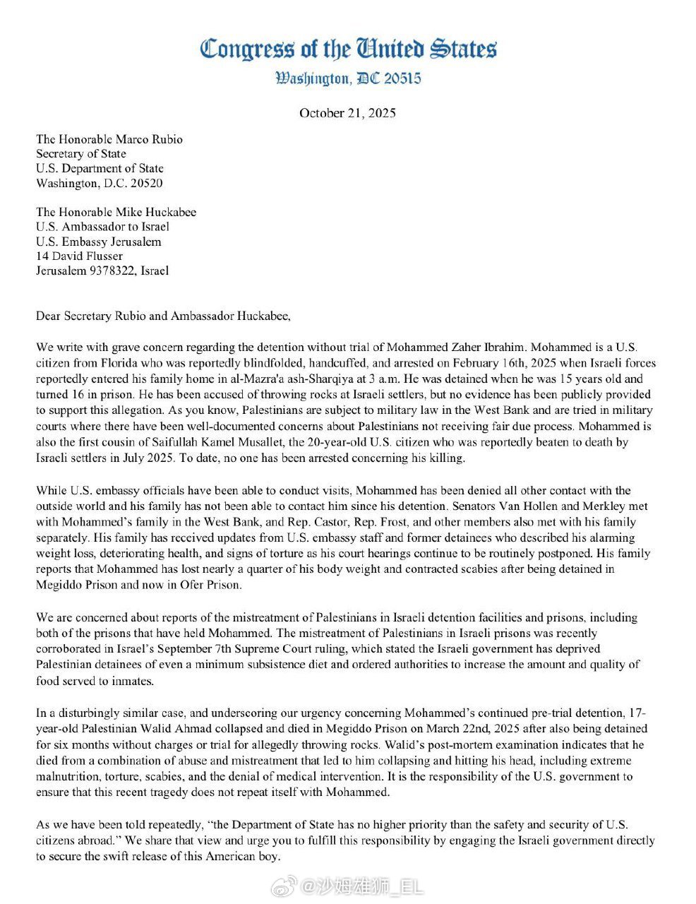 27名美国参议员和众议员签署国会信函，敦促国务卿马可·卢比奥和驻以色列大使迈克·