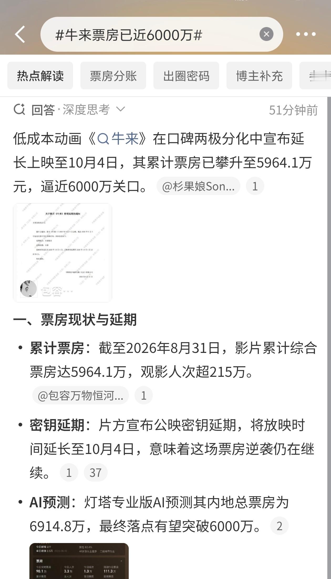 牛来票房已近6000万①截至8月31日，影片累计综合票房达5964.1万元，观影