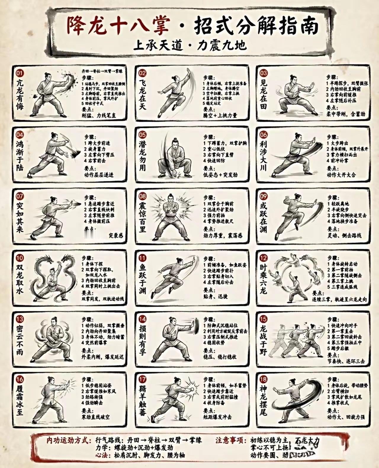 降龙十八掌，招招威力惊人。“亢龙有悔”，左腿微曲，右臂内弯，双掌划圆推出，像巨