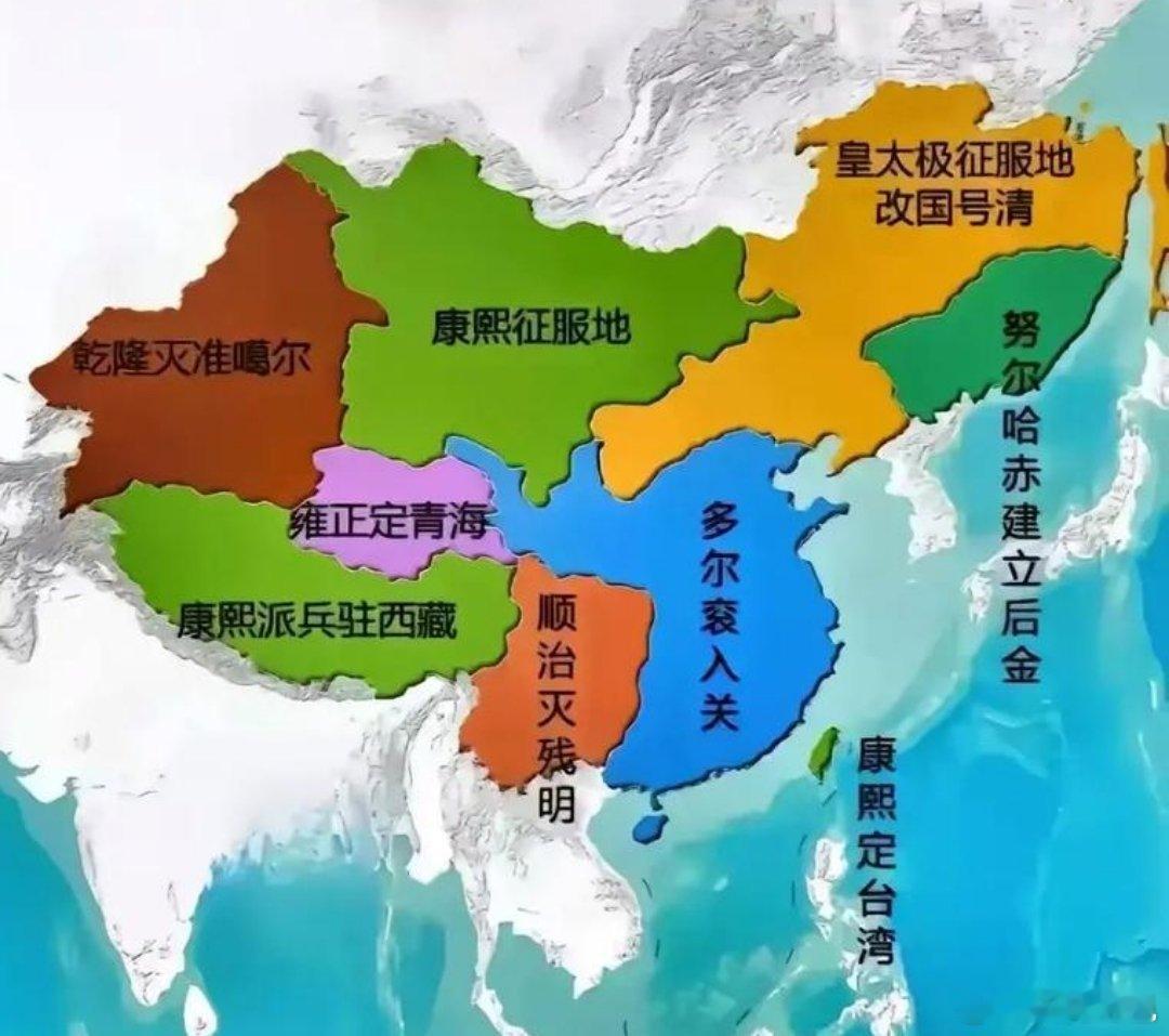 清朝7位君主开疆扩土图努尔哈赤，建立后金，仅是东北得东部。皇太极，整个东北，蒙古
